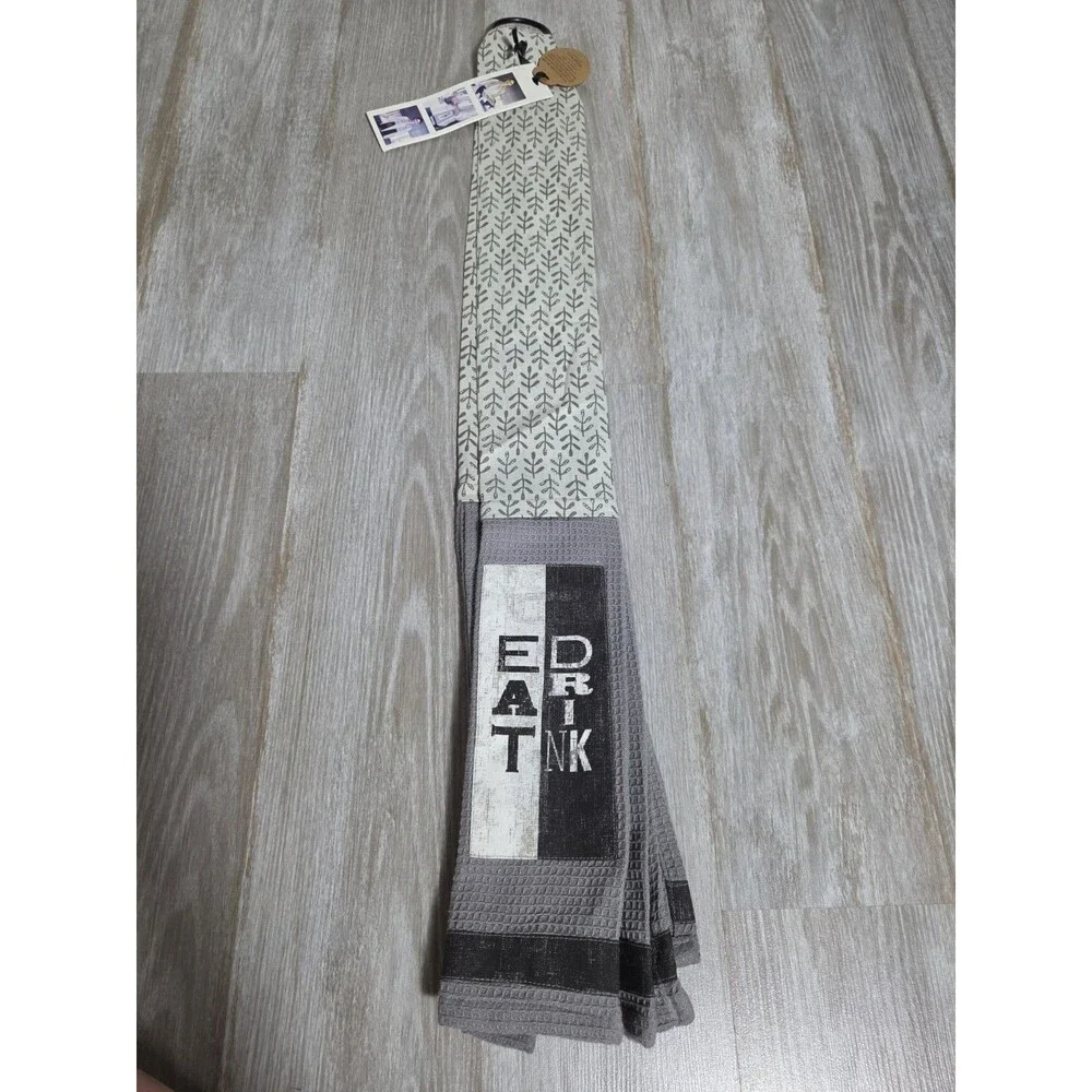 NWT Kitchen Boa Eat Drink Neck Kitchen Towel Gray Cotton Waffle Demdaco